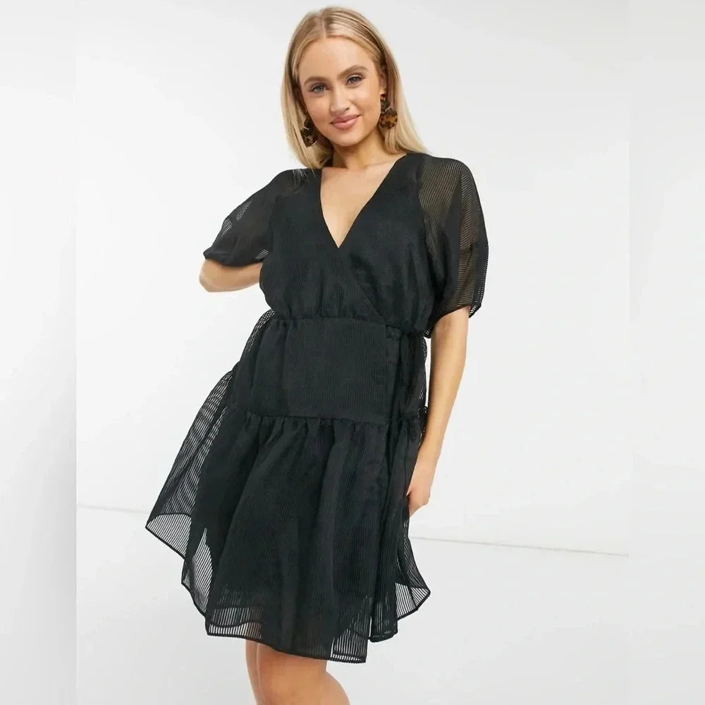 New Anthropologie Moon River Puff-Sleeve organza mini dress in black size small